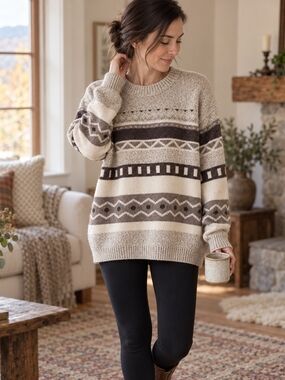 Vintage 90s Lakeland Wool Sweater Neutral Geometric Grandpa Knit